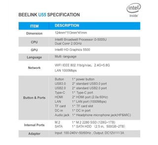 Mini PC Beelink U55 Intel i3-5005U 8GB+256GB