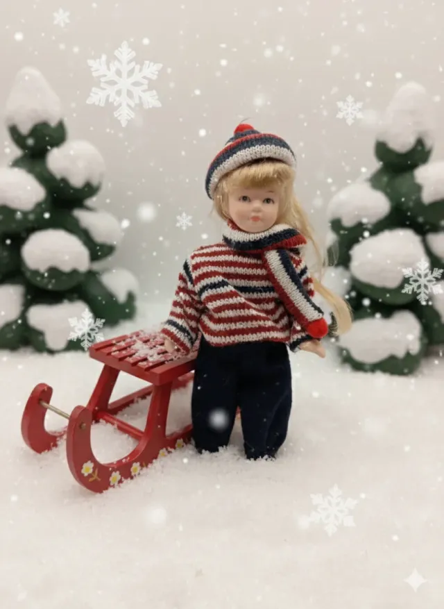 Bambola in porcellana da collezione con slitta