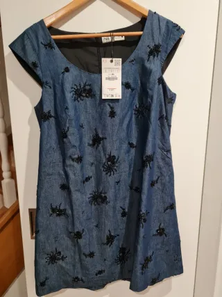 Vestido Zara Denim con Pedrería Negra Talla L