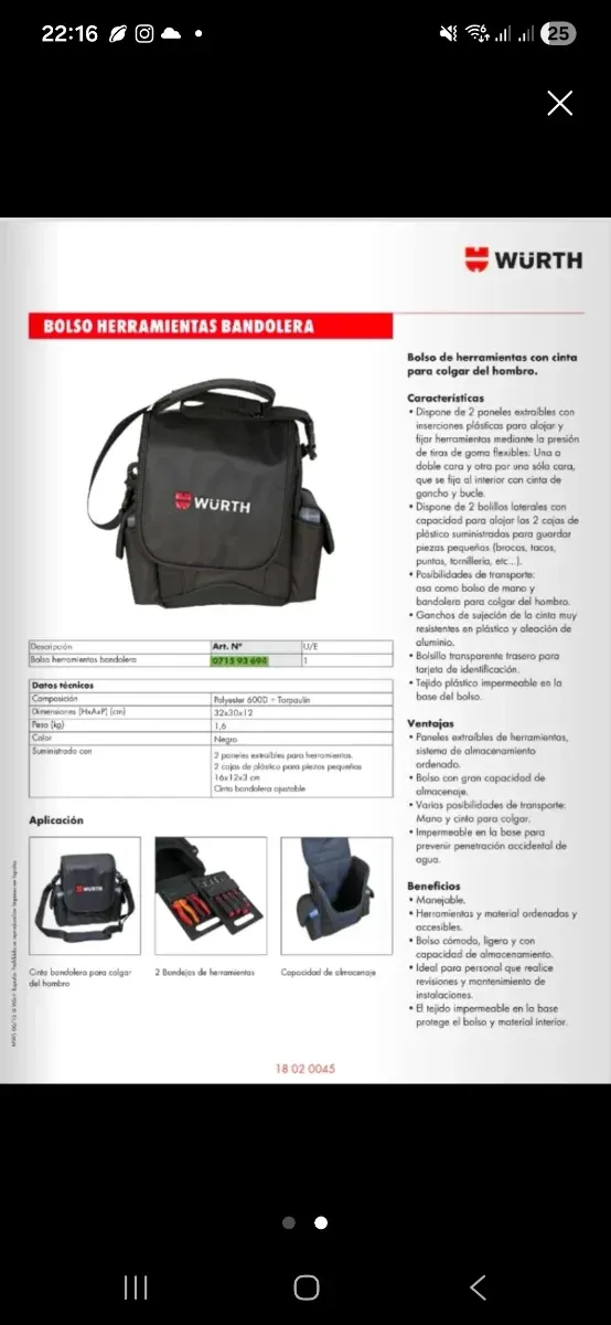 Bolso bandolera Wurth para herramientas