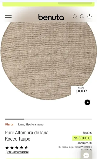 Tappeto rotondo Benuta, lana e cotone NUOVO