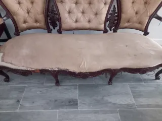 Sofá antiguo y 2 sillones madera y tela