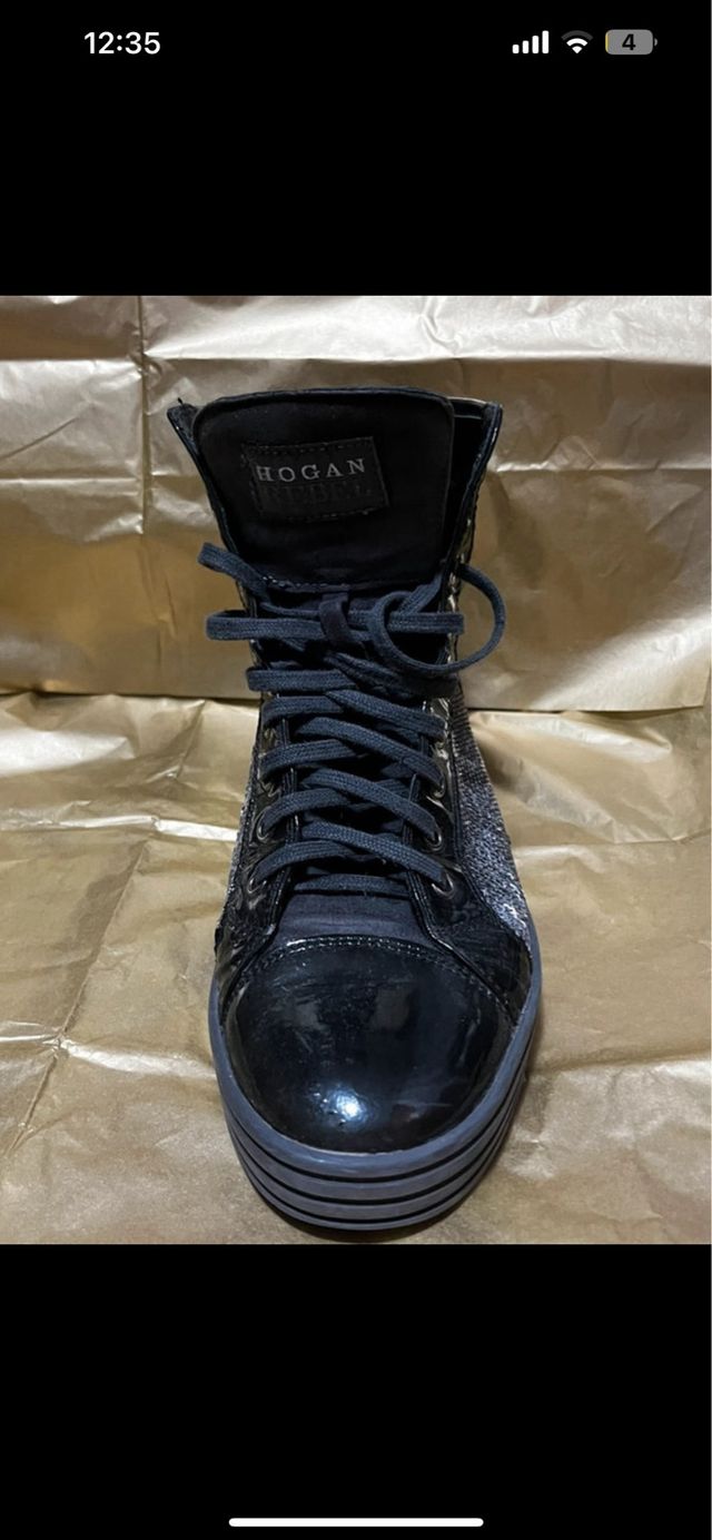 Sneakers Hogan alte da donna in pelle nere e argentate