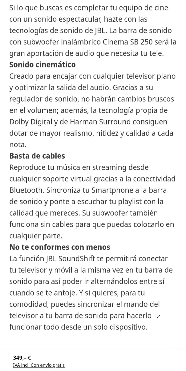 Barra de Sonido JBL SB-250 Cinema 2.1 Nuevo