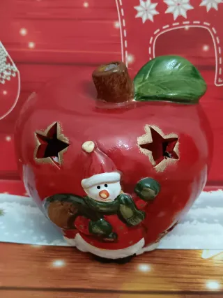 Portacandele Natale Mela Pupazzo Neve Ceramica