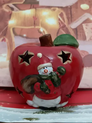 Portacandele Natale Mela Pupazzo Neve Ceramica
