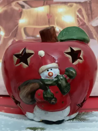 Portacandele Natale Mela Pupazzo Neve Ceramica