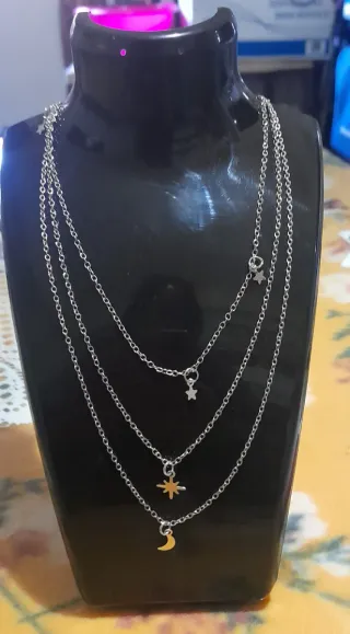 Gargantilla 3 cadenas plata estrellas luna