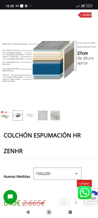 Colchón viscoelástico 150x200cm con base tapizada