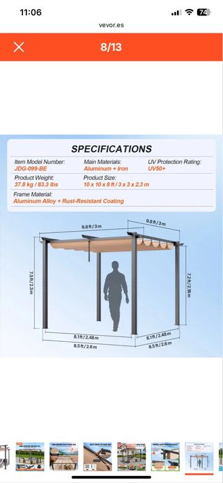 Pergolato in alluminio con tenda scorrevole 3x3m