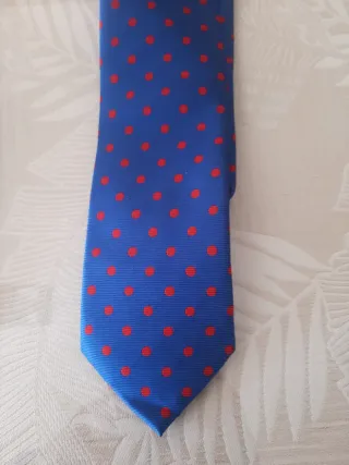 Corbata azul con puntos rojos