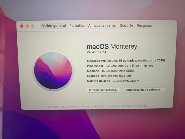 IMPOLUTO Macbook pro i7 15" 2015 Ram 16gb SSD Caja