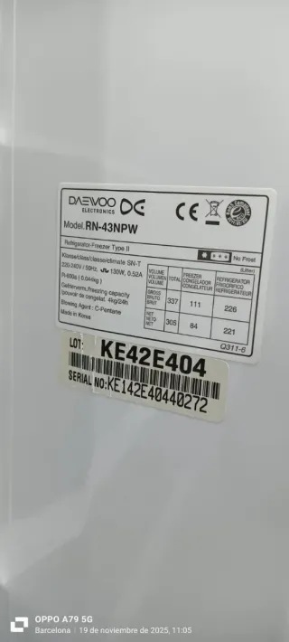 Nevera Combi Daewoo Blanca No Frost energía A+