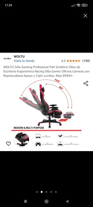 Silla Gaming WOLTU Ergonómica Negra/Roja