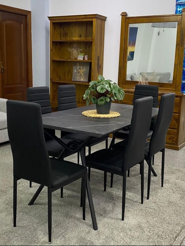Mesa de comedor con 6 sillas negras - Nuevo