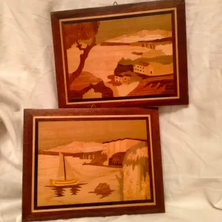 Coppia Quadretti Intarsio Legno Paesaggio