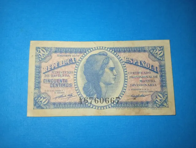 N.320.Biglietto da 50 centesimi Repubblica Spagnola 1937