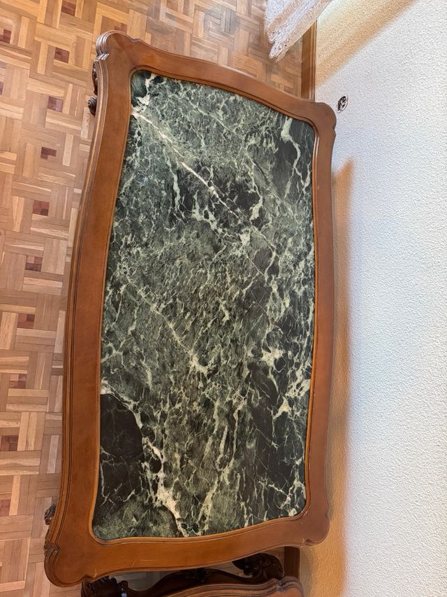 Mesa centro mármol verde y madera