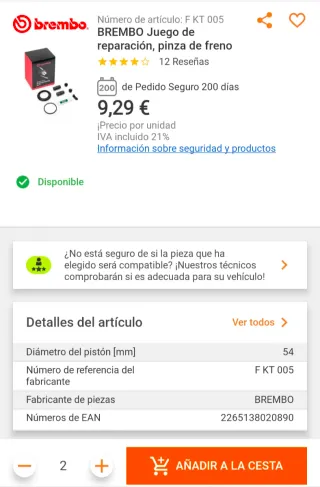 2x Kit reparación pinza freno Brembo F KT 005