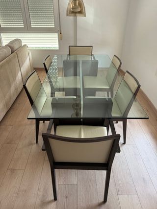 Mesa Comedor Cristal + 4 Sillas + 2 Butacas