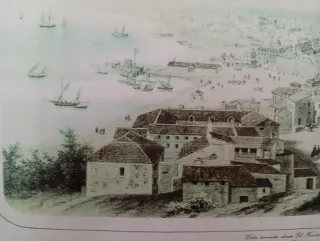 Vecchie litografie di navi e città