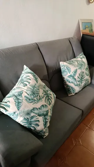 Sofás de tela gris con cojines