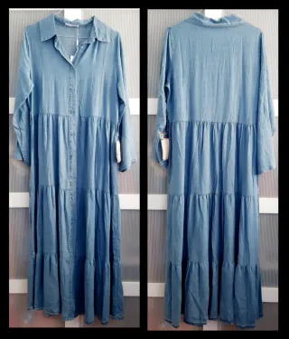 Vestido camiseiro azul comprido em ganga S/M