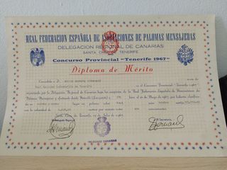 Diploma Palomas Mensajeras Tenerife 1967
