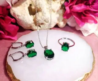 Conjunto Plata 925 Gemas Verdes Ovaladas