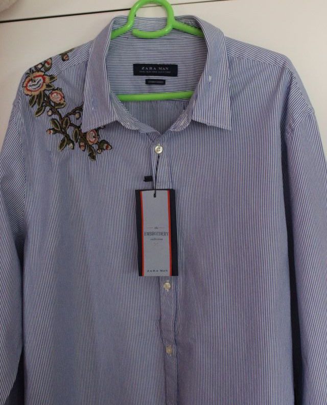 Camisa Zara Rayas Flores Bordadas Talla XL