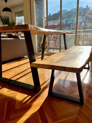 Set Tavolo da Pranzo e Panca in Acacia con Gambe in Acciaio