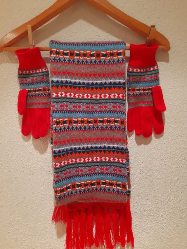 Lote bufanda y guantes tejido multicolor