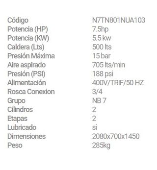 COMPRESOR NUAIR 7,5HP 500 LTRS 15 BARES