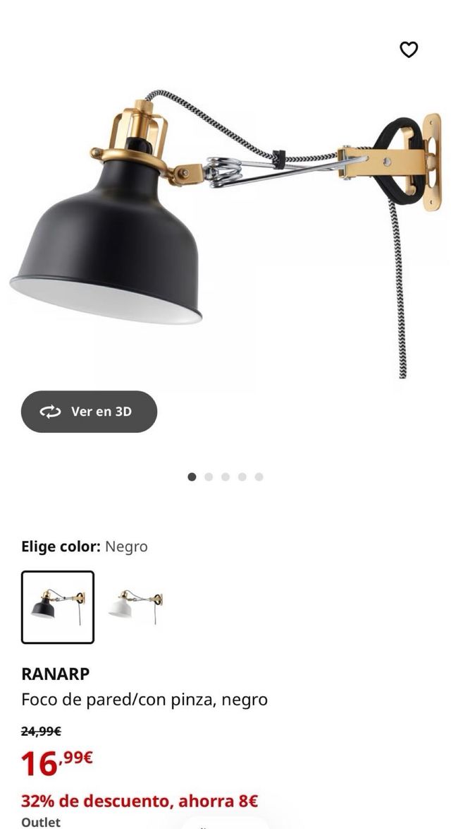 IKEA RANARP · Lámpara negra y dorada · Nueva