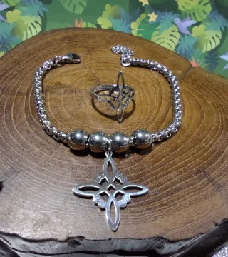 Conjunto acero pulsera y anillo nudo de bruja