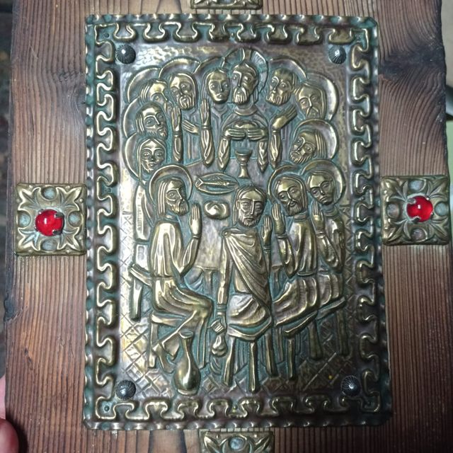 Antica placca icona in rilievo L'Ultima Cena. Ottone