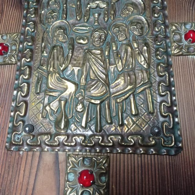 Antica placca icona in rilievo L'Ultima Cena. Ottone