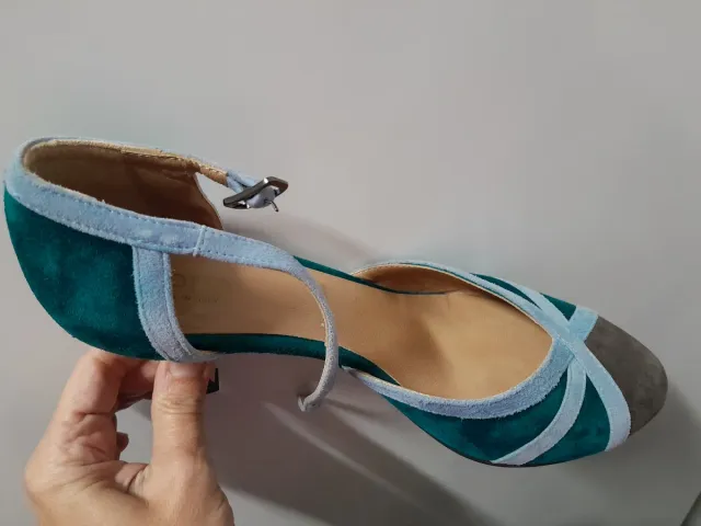 Zapatos tacón azul y verde, cuero d oveja, Italia