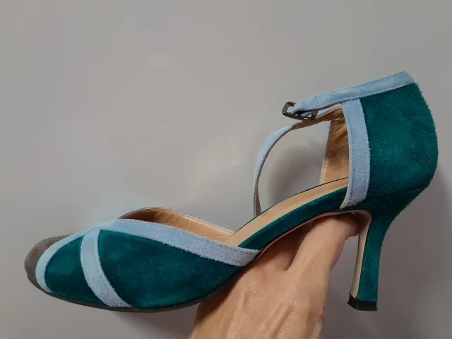 Zapatos tacón azul y verde, cuero d oveja, Italia