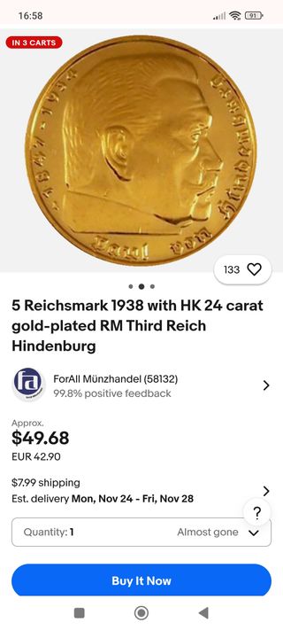 Moneda de oro y plata 5 Reichsmark 1935 Nazis