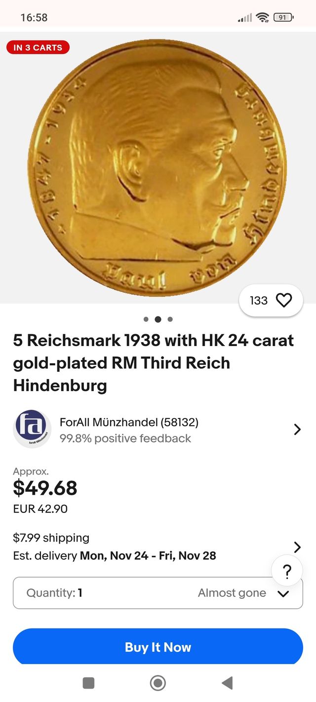 Moneda de oro y plata 5 Reichsmark 1935 Nazis