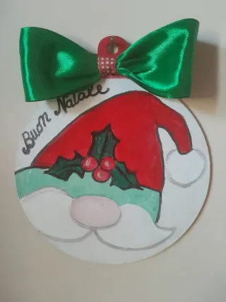 Pallina Natale Legno Dipinta Mano Fiocco Verde