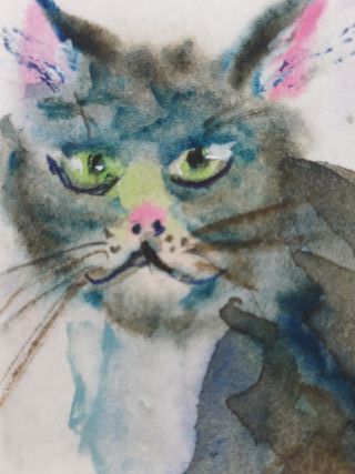 Gato Acuarela Original Arte Hecho a Mano