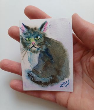 Gato Acuarela Original Arte Hecho a Mano