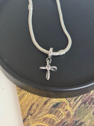 Colgante Cruz Infinito Corazón Rosa Plata