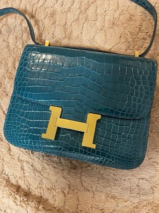 Bolso Hermes Cocodrilo Teal y Dorado