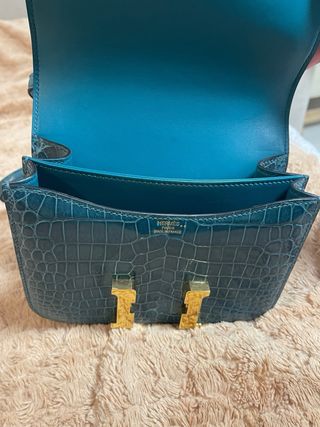 Bolso Hermes Cocodrilo Teal y Dorado