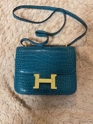 Bolso Hermes Cocodrilo Teal y Dorado