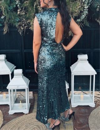 Vestido midi lentejuelas plateado/verde azulado