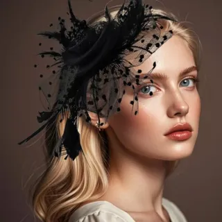 Tocado negro con plumas y tul